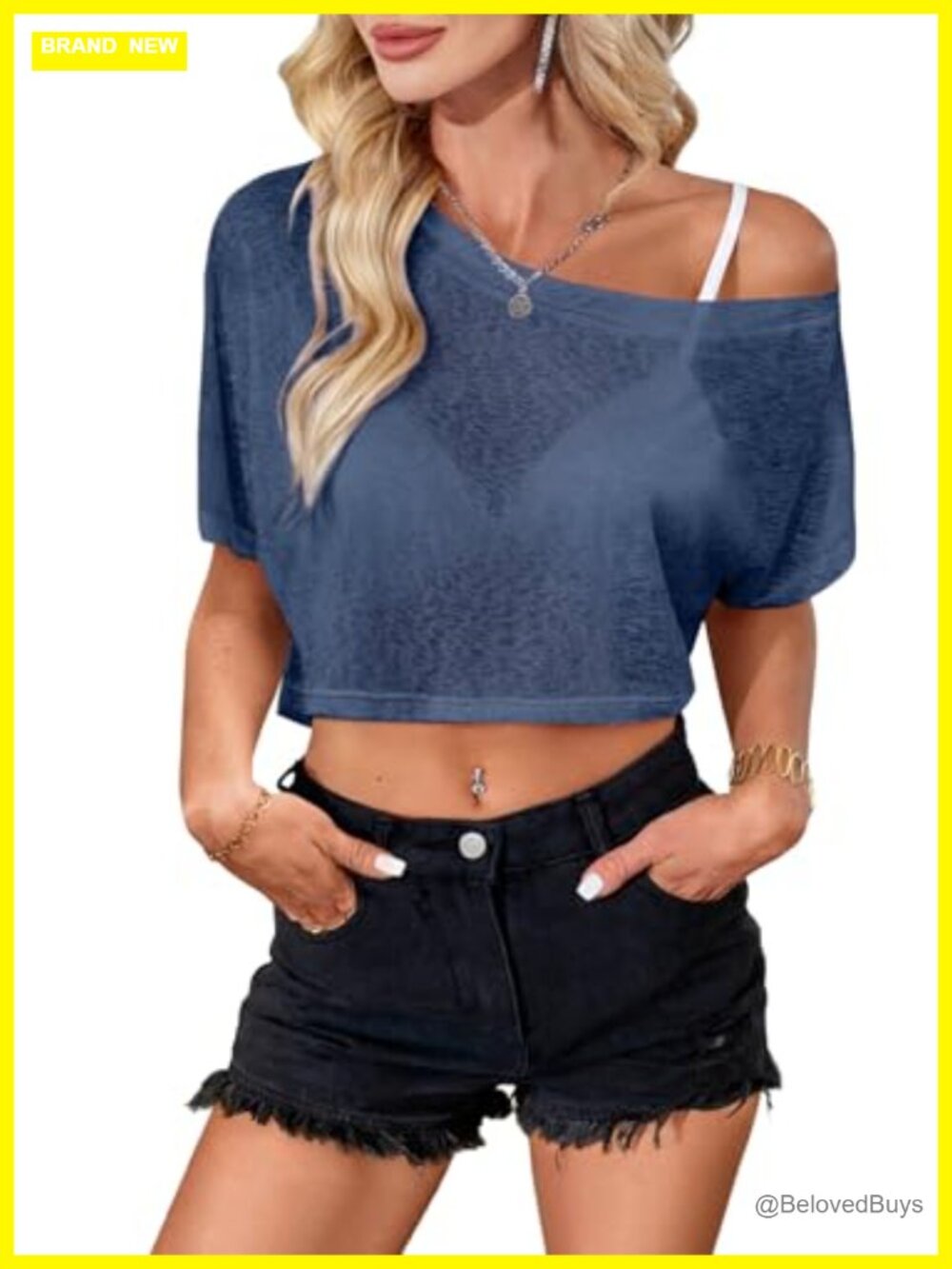 Sheer Mesh Crop Top Off Shoulder Short Sleeve Loose Fit